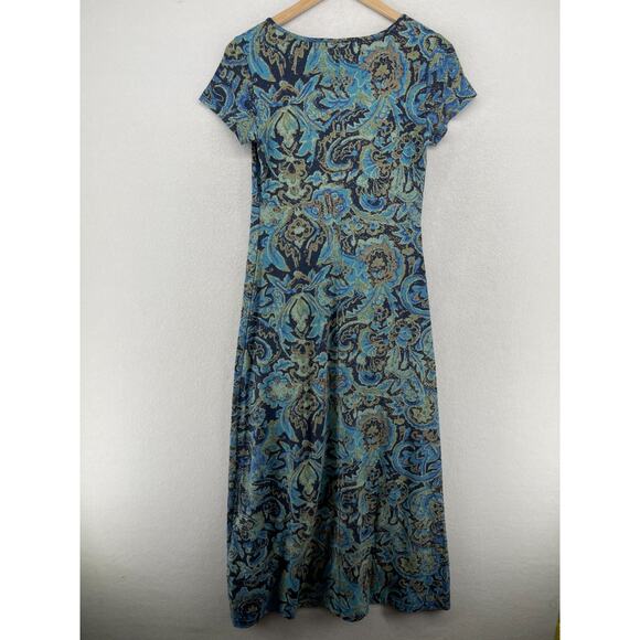 PERUVIAN CONNECTION Dress XS Paisley Midi Cap Sleeve Stretch Pima Cotton Blue - Picture 2 of 13